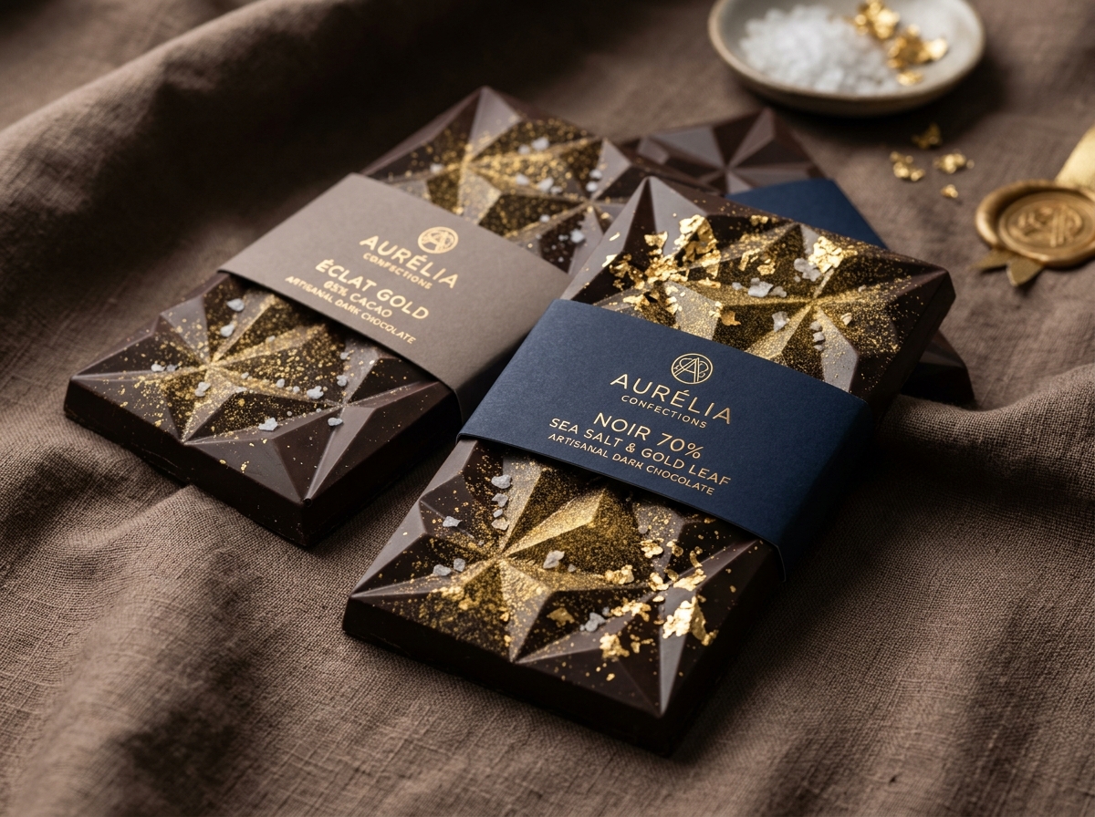 Luxury faceted artisan chocolate bars with gold leaf and sea salt