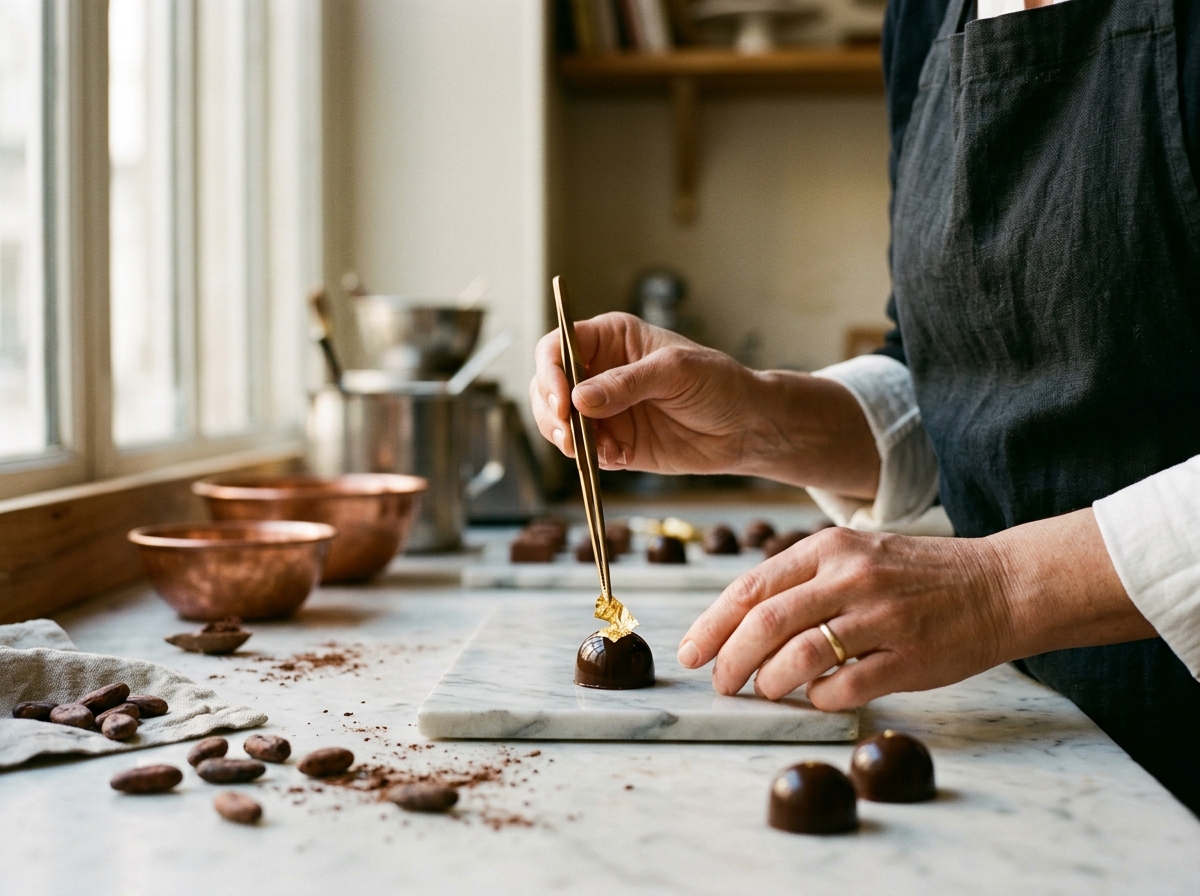 Chocolatier applying gold leaf with artisan tweezers