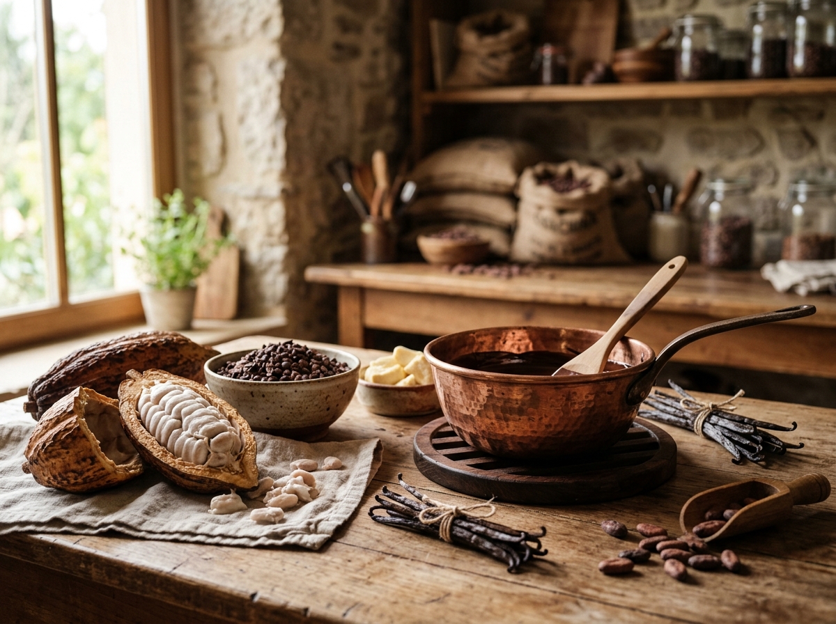 Artisanal confectionery atelier with split cocoa pods, vanilla and copper pans