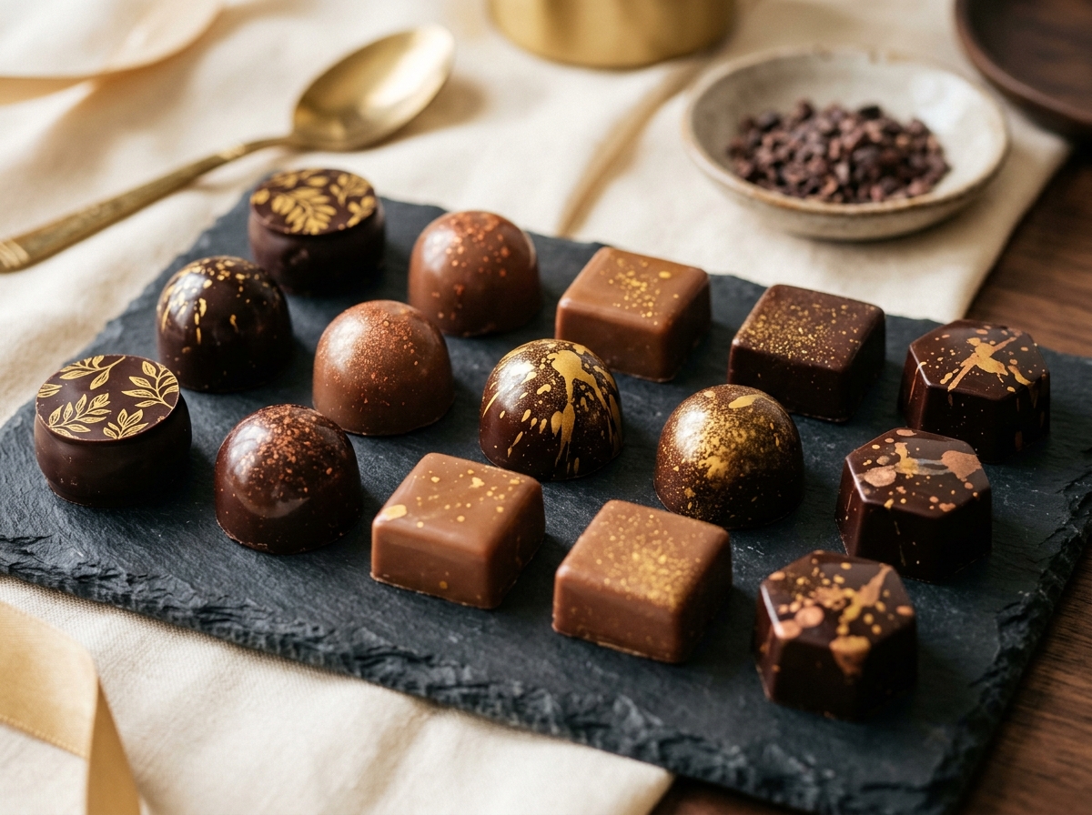 Mirror shine hand-painted chocolate bonbons with gold luster dust